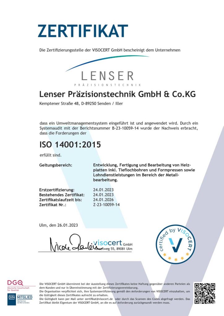 Zertifikat ISO 14001 Lenser Präzisionstechnik